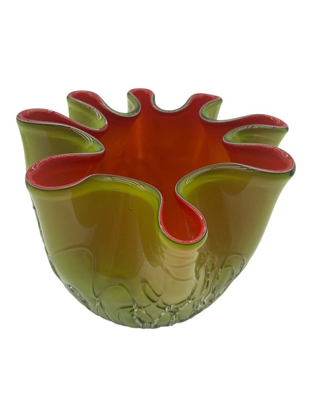 Styled MCM Fire Red and Acid Green Free Form Clear Veined Art Glass BOWL